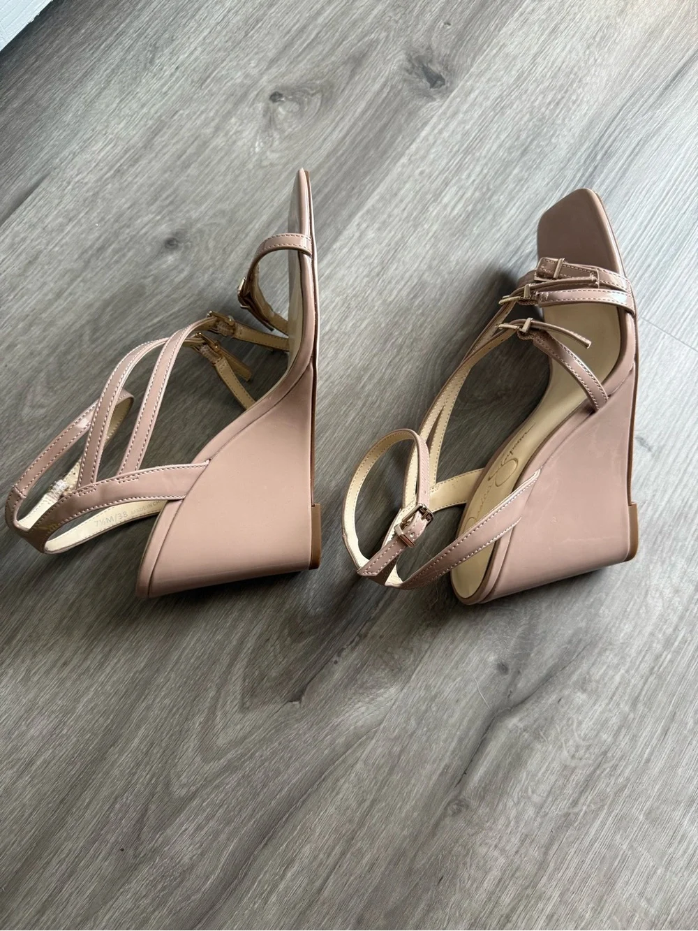 Patent Leather Jessica Simpson Beige Strappy Square-Toe Heels chai latte